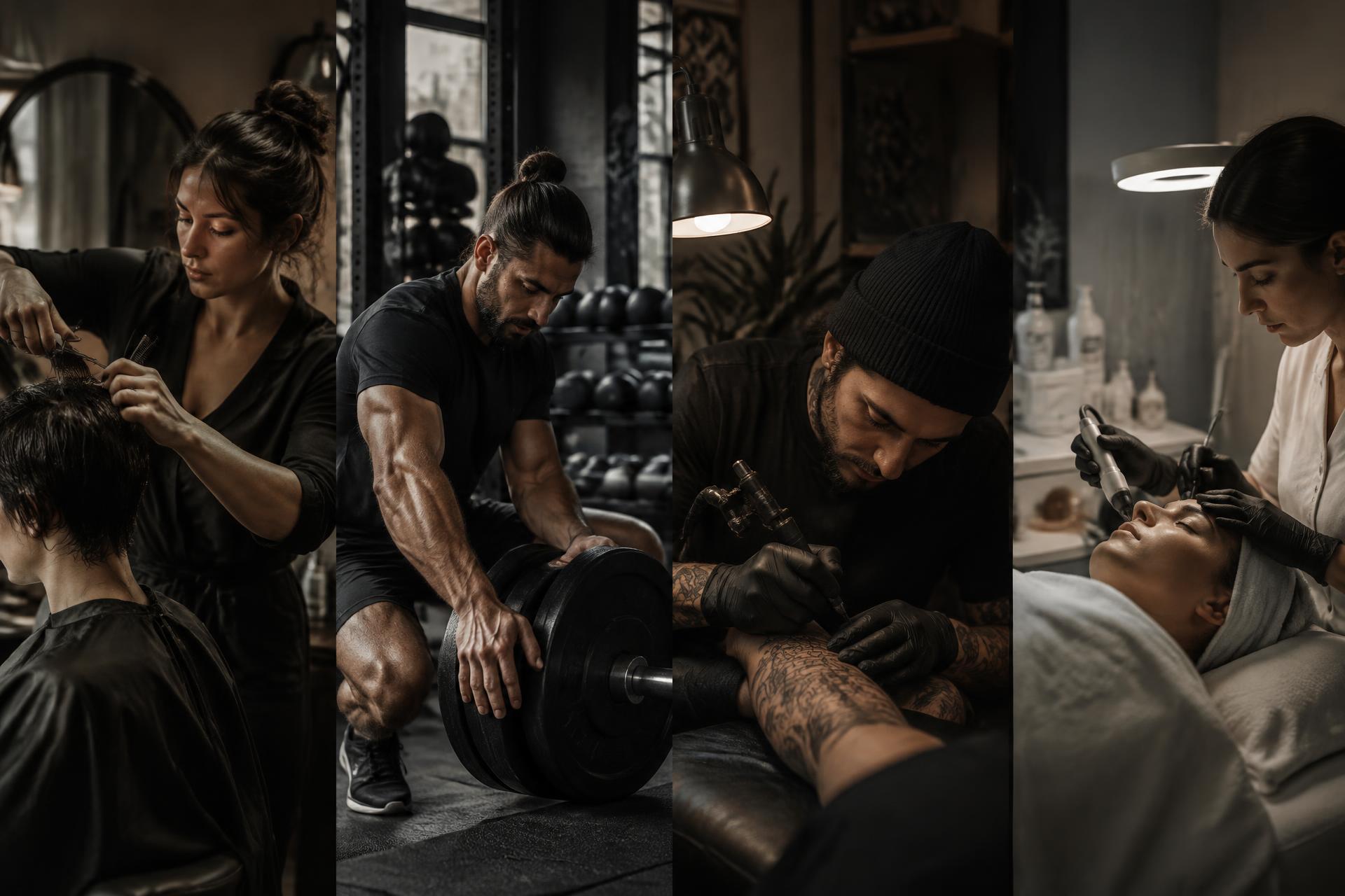Independent hair, personal training, tattoo and aesthetics professionals at work